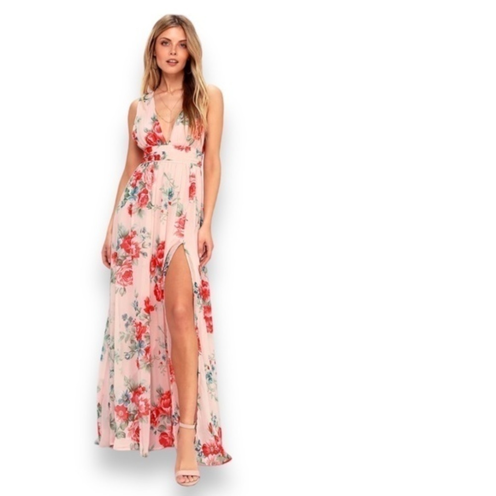 Lulu’s Blush Pink Garden Meandering Chiffon Maxi Gown Medium